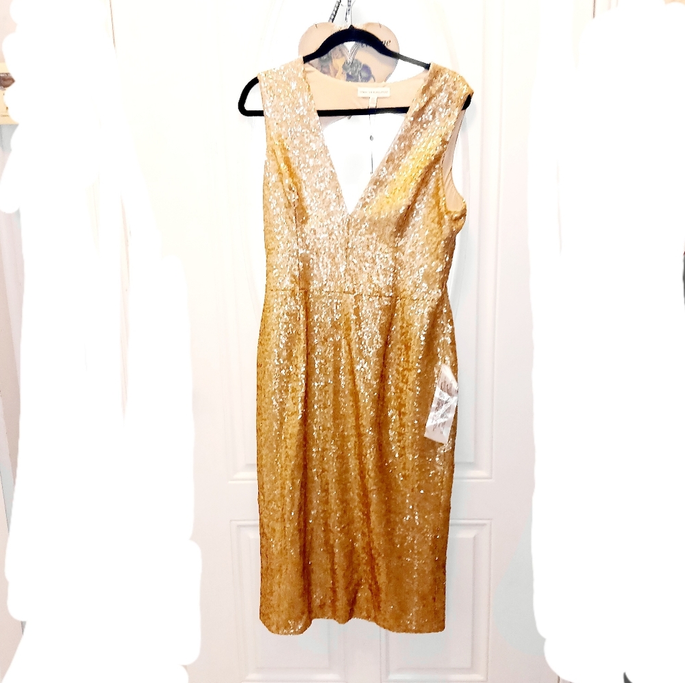 Dress the Population Gold Sequin Midi Dress NWT Size XXL Zipper Back